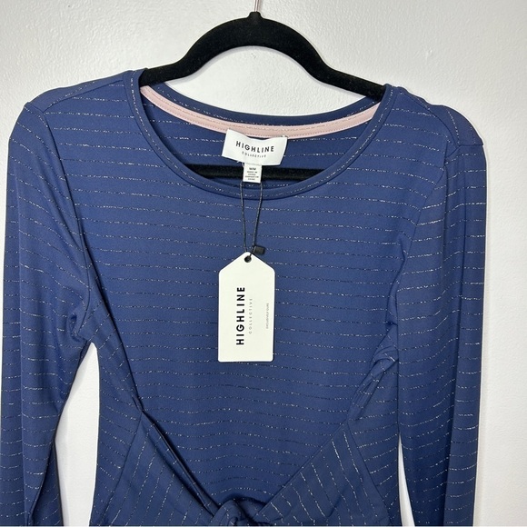 Highline Collective Tie Front Long Sleeve Metallic Stripe Top Medium Blue NWT - Picture 3 of 11